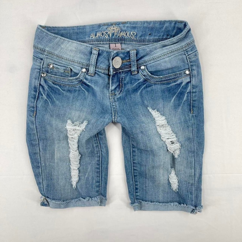 Y2K Low Rise Bermuda Jean Shorts Distressed Preppy Surfer 2010s 1 XS 28 Faded